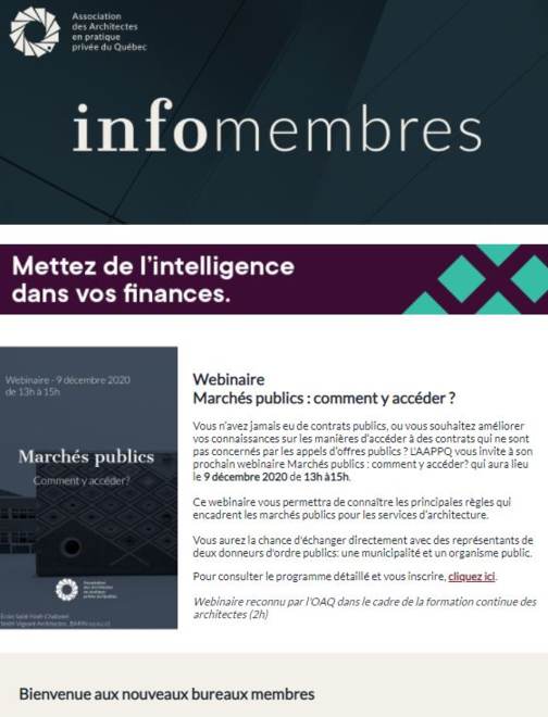 Webinaire sur les marchés publics | Nouveaux membres | Élections CA et AGA | Plans toiture | Etc.