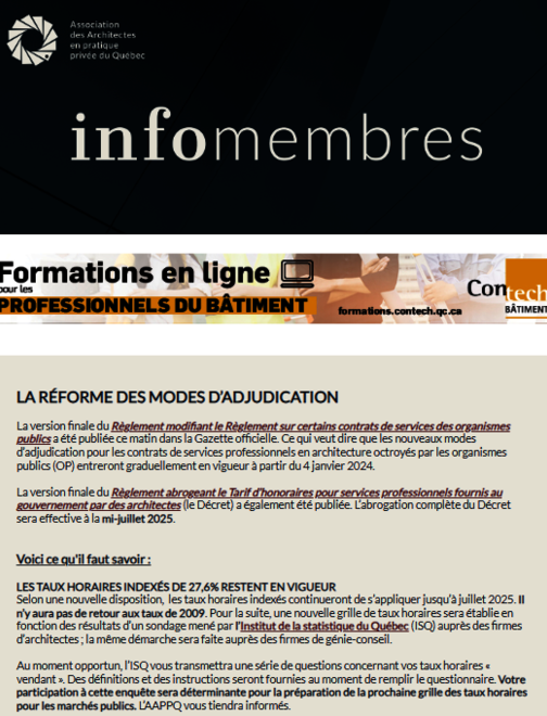 Réforme des modes d’adjudication et taux horaires indexés  | Webinaire AAPPQ | membre honorifique 2023 | Congé des fêtes | Recommandation AAPPQ | etc.|