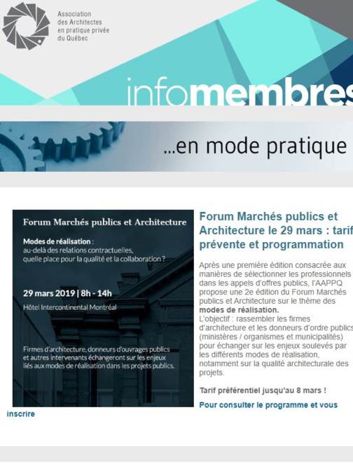 Forum Marchés publics et Architecture | AMP et Lobbyisme | Diagnostics BIM | Nouveau devis AMCQ | Etc.
