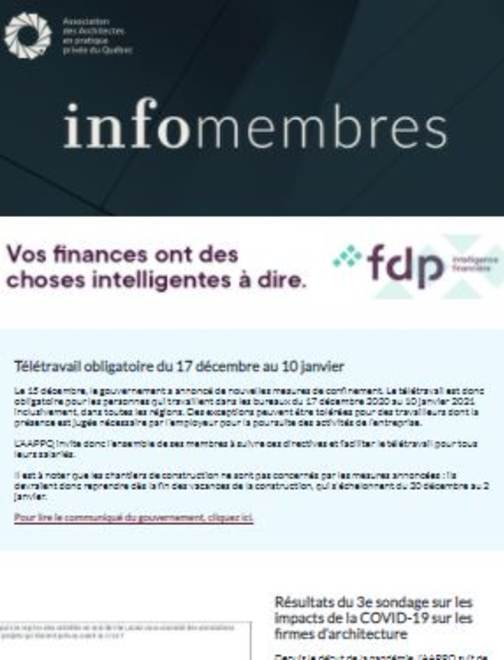 Télétravail obligatoire | Sondage COVID-19 | Webinaire Main-d’œuvre | etc.