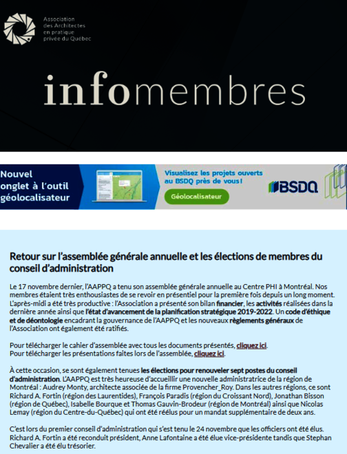 retour sur l'AGA | comités AAPPQ | dossier Les Affaires | Architectes en série | Code de construction du Québec | etc. |