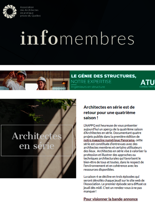 Architectes en série  | Webinaire AAPPQ | Modes d’adjudication | PL41 | Règlement technologues | Recommandation AAPPQ | etc.|