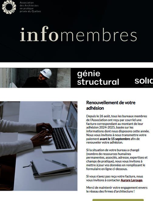 Renouvellement de votre adhésion | Projet de loi pour améliorer de la qualité dans la construction | Bourse Hermant-Ayotte 2024