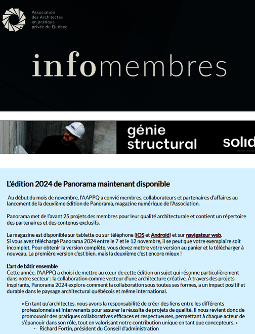 Lancement du magazine Panorama | Élections des membres du conseil d'administration | Webinaire AAPPQ | Pl76