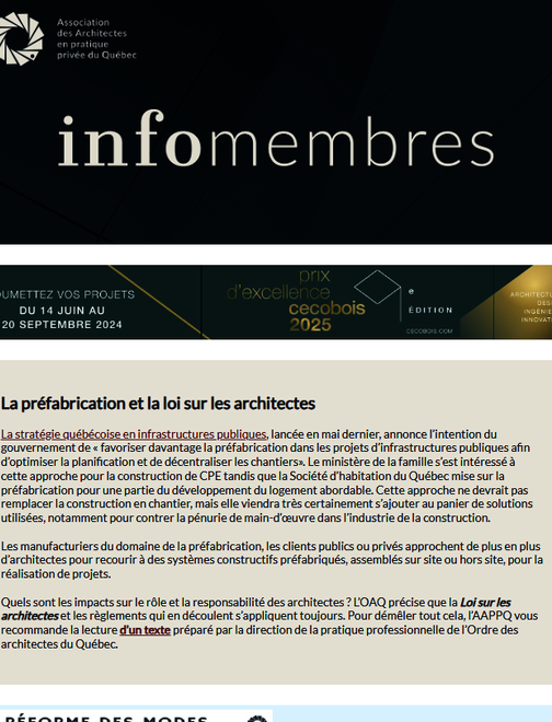 Préfabrication et loi sur les architectes | Accès aux contrats des organismes publics | Guide sur les services et la rémunération des architectes | Crise du logement