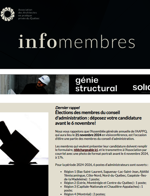 Renouvellement de votre adhésion | Projet de loi pour améliorer de la qualité dans la construction | Bourse Hermant-Ayotte 2024