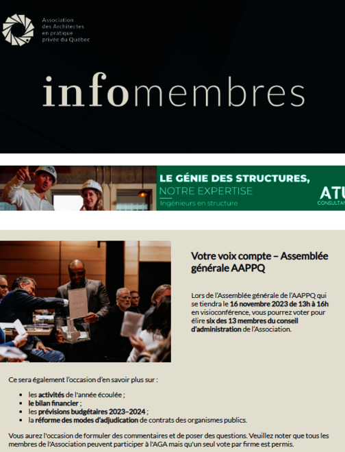 AGA | Webinaire AAPPQ | Réforme des modes d'adjudication | Que fait l'architecte ? | Activités du secteur | Recommandation AAPPQ | etc.|