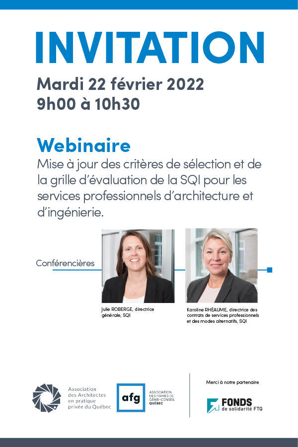 Mise à jour des critères de sélection et de la grille d’évaluation de la SQI pour les services professionnels d’architecture et d'ingénierie